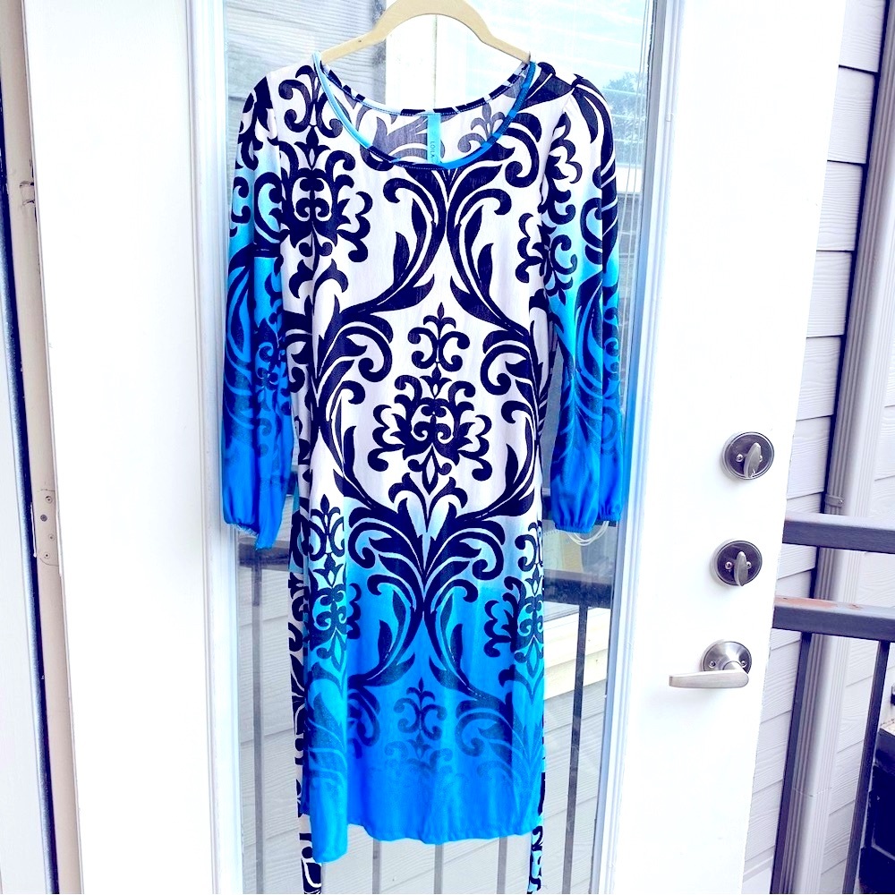 Loila Small Paisley O’ Neck Elastic Puff Long Sleeve Belted Short Dress